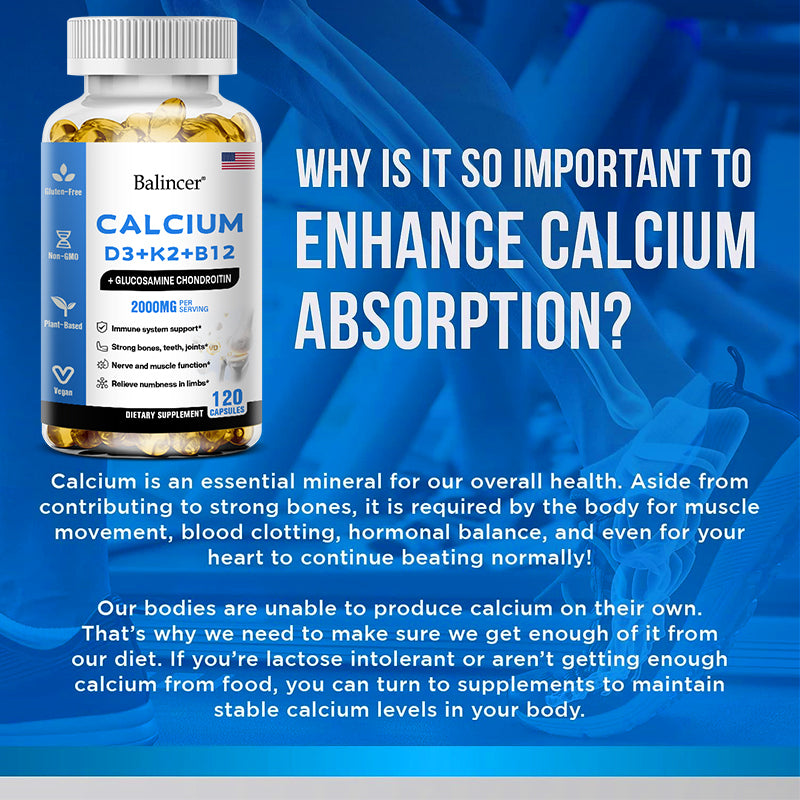 Balincer Calcium & Vitamin D3 Supplement, with Calcium D3+K2+B12, Support Immune Health, 120 Capsules