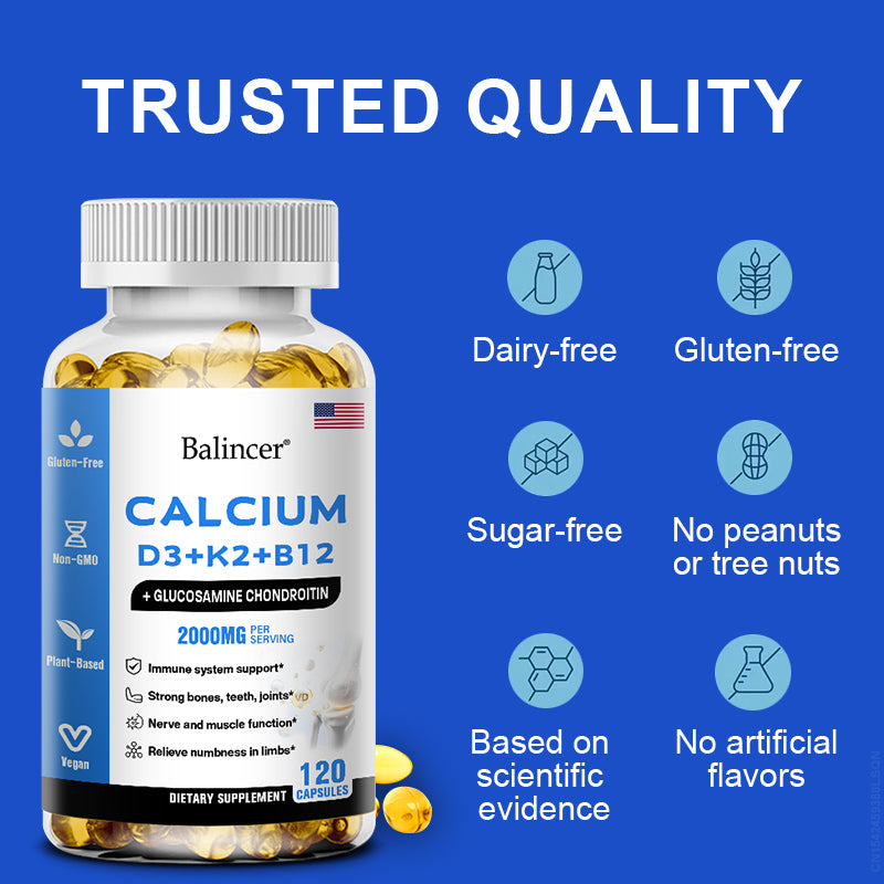 Balincer Calcium & Vitamin D3 Supplement, with Calcium D3+K2+B12, Support Immune Health, 120 Capsules