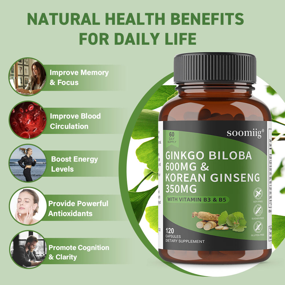 Soomiig® Ginkgo Biloba & Korean Ginseng Capsules with Vitamin B3 & B5