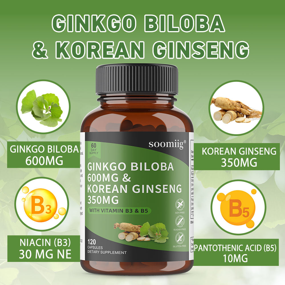 Soomiig® Ginkgo Biloba & Korean Ginseng Capsules with Vitamin B3 & B5