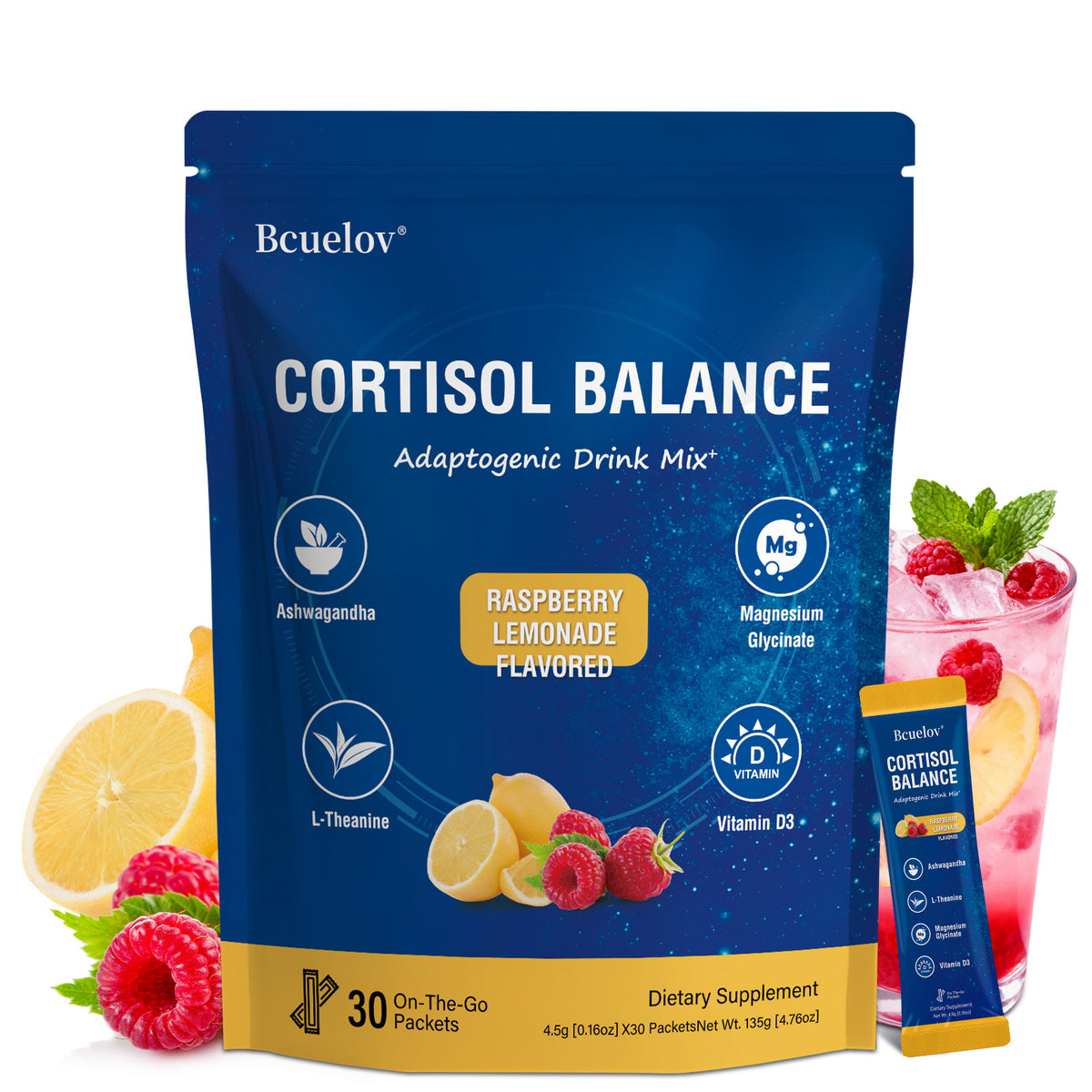 Bcuelov Cortisol Powdered Drink Mix, with Magnesium Glycinate, for Relaxation, 30 Ct