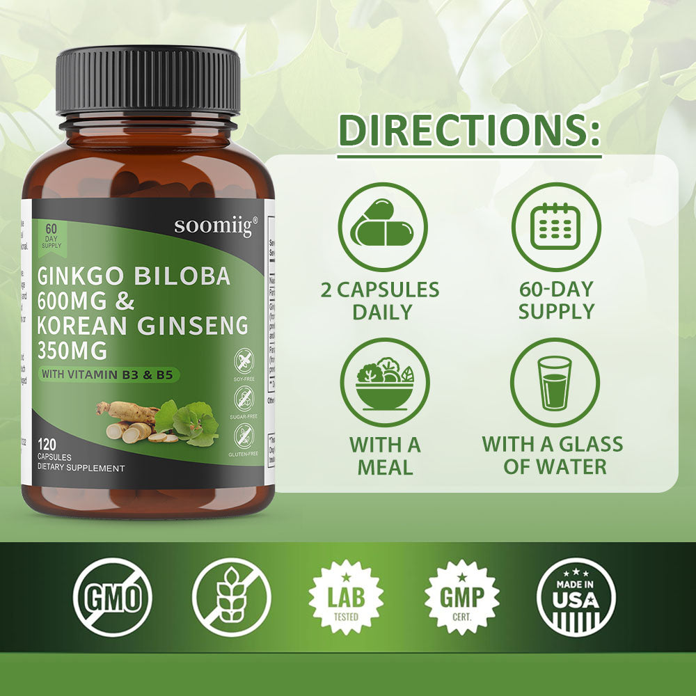 Soomiig® Ginkgo Biloba & Korean Ginseng Capsules with Vitamin B3 & B5
