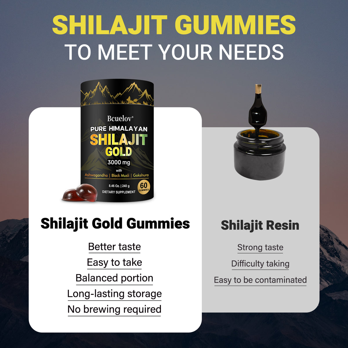 Bcuelov Himalayan Shilajit Gummies, with Ashwagandha, Black Musli and Gokshura, 60 Gummies