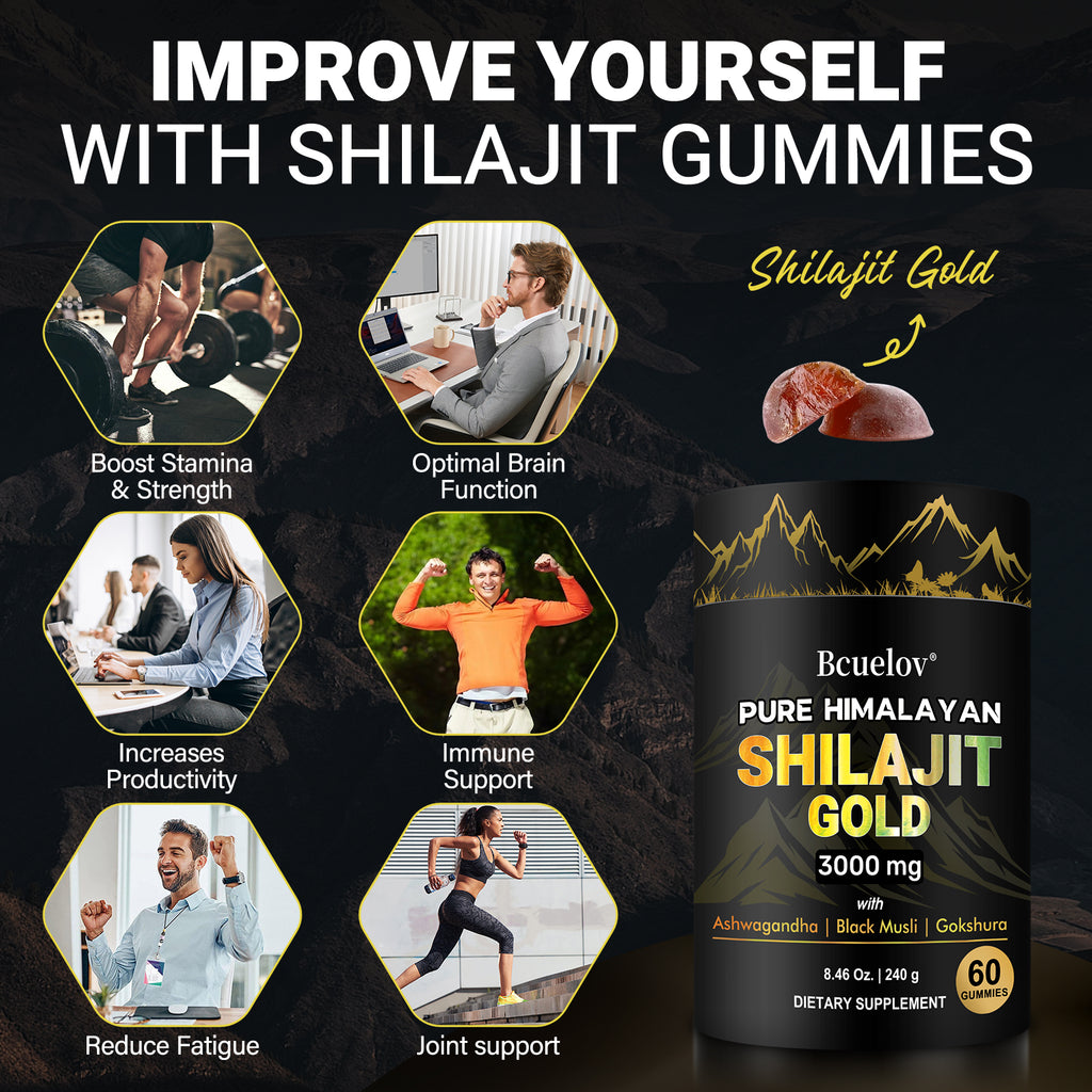 Bcuelov Himalayan Shilajit Gummies, with Ashwagandha, Black Musli and Gokshura, 60 Gummies