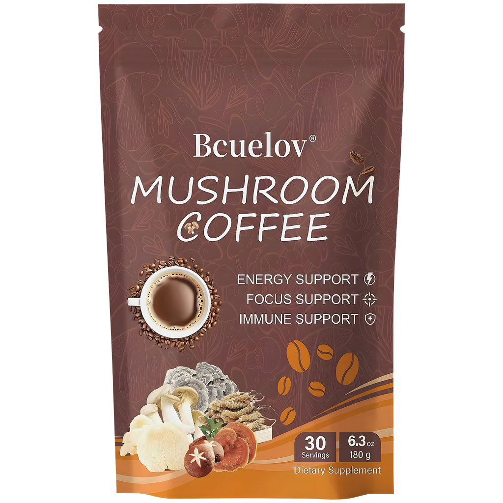 Bcuelov Instant Mushroom Coffee,with 6 Adaptogenic Mushrooms and MCT Oil for Energy, Focus, Immune Support - 30 Servings