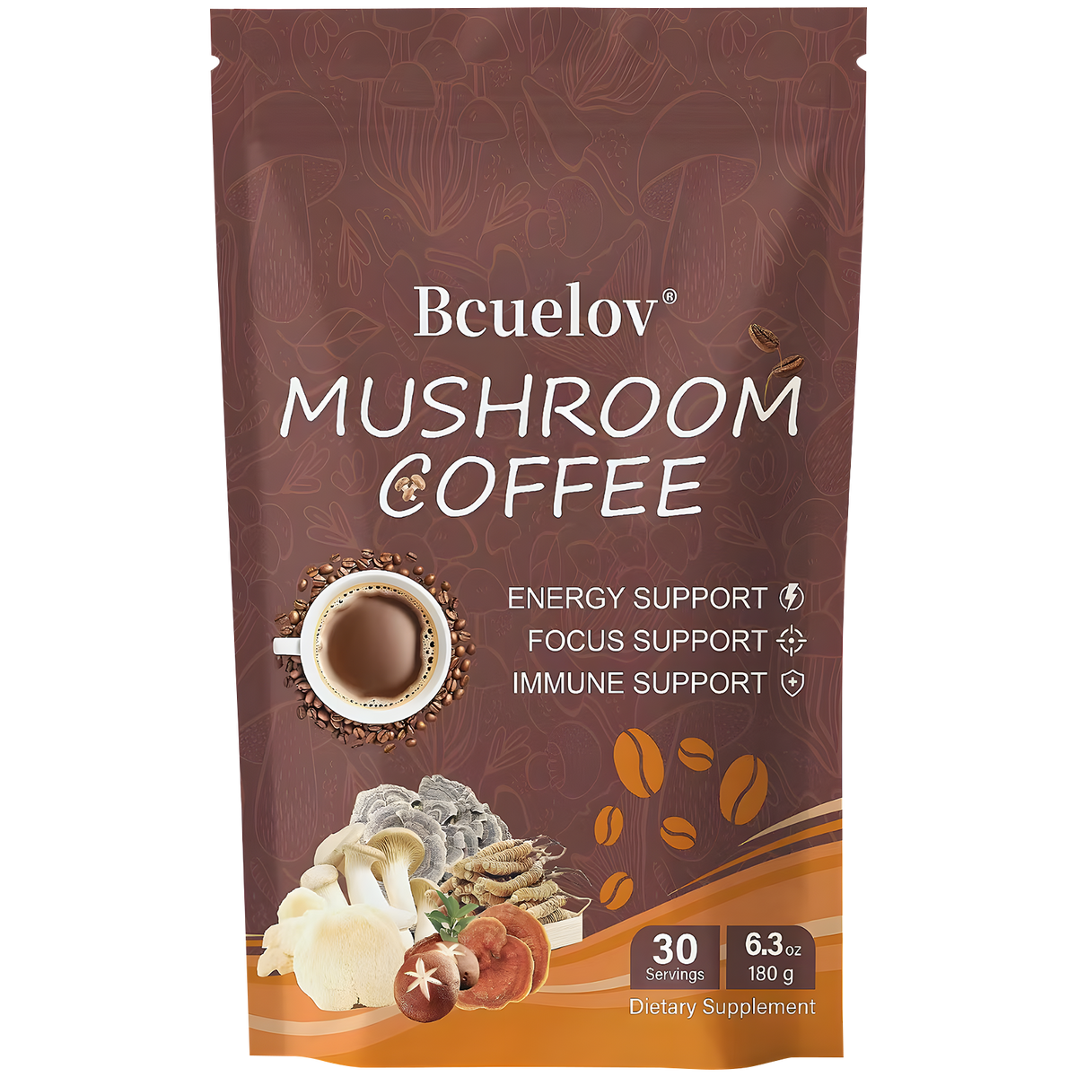 Bcuelov Instant Mushroom Coffee,with 6 Adaptogenic Mushrooms and MCT Oil for Energy, Focus, Immune Support - 30 Servings