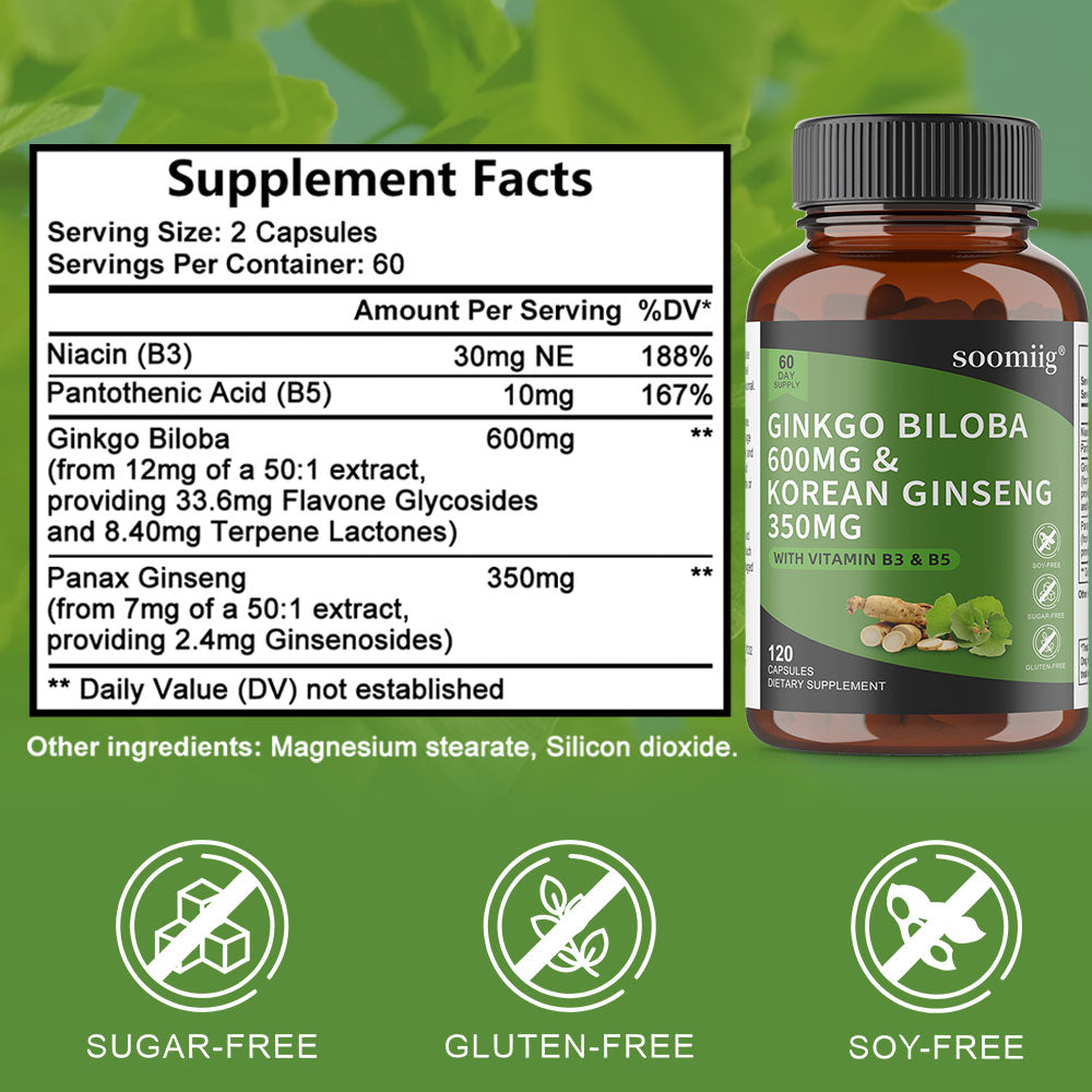 Soomiig® Ginkgo Biloba & Korean Ginseng Capsules with Vitamin B3 & B5