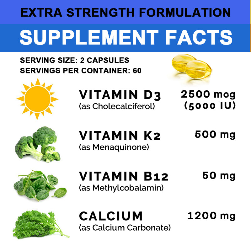 Balincer Calcium & Vitamin D3 Supplement, with Calcium D3+K2+B12, Support Immune Health, 120 Capsules