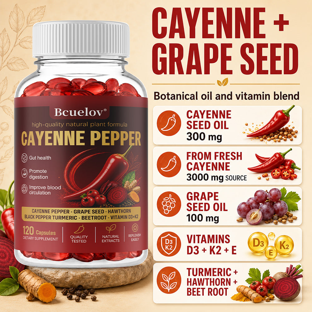 Bcuelov Cayenne Pepper Complex Supplement Capsules, with Grape Seed, Hawthorn, Beetroot, Turmeric & Vitamins D3‑K2‑E, 120 Capsules