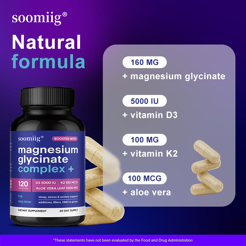 Soomiig® Magnesium Glycinate Complex + Vitamin D3, K2 & Aloe Vera Extract