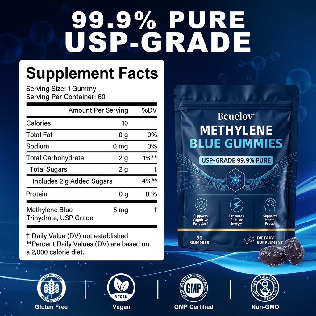 Bcuelov Methylene Blue Gummies,USP Grade, 5mg Per Serving,60 Count