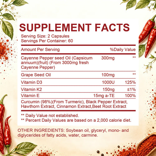 Bcuelov Cayenne Pepper Complex Supplement Capsules, with Grape Seed, Hawthorn, Beetroot, Turmeric & Vitamins D3‑K2‑E, 120 Capsules