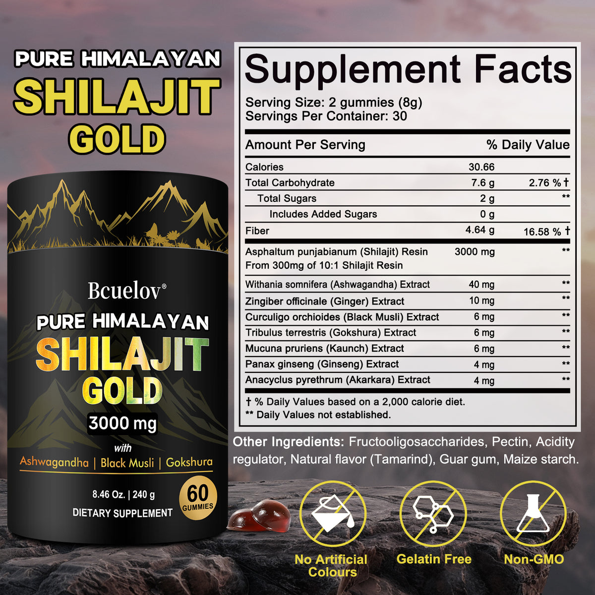 Bcuelov Himalayan Shilajit Gummies, with Ashwagandha, Black Musli and Gokshura, 60 Gummies
