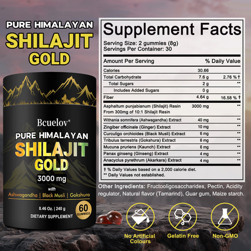 Bcuelov Himalayan Shilajit Gummies, with Ashwagandha, Black Musli and Gokshura, 60 Gummies