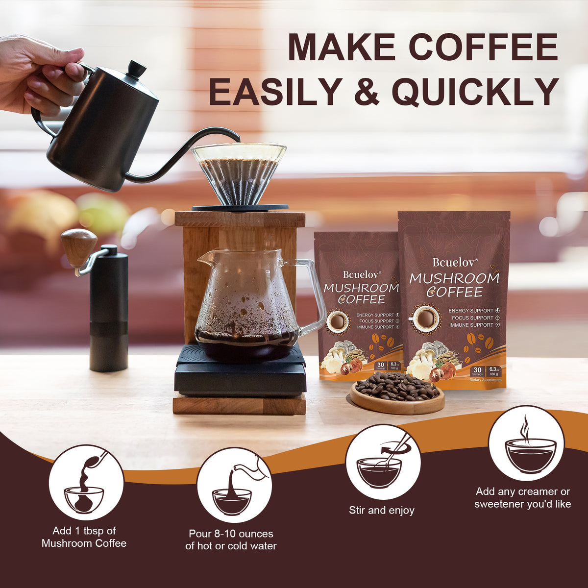 Bcuelov Instant Mushroom Coffee,with 6 Adaptogenic Mushrooms and MCT Oil for Energy, Focus, Immune Support - 30 Servings