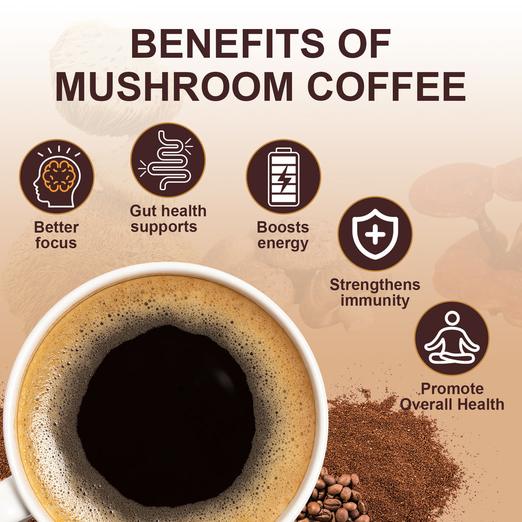 Bcuelov Instant Mushroom Coffee,with 6 Adaptogenic Mushrooms and MCT Oil for Energy, Focus, Immune Support - 30 Servings