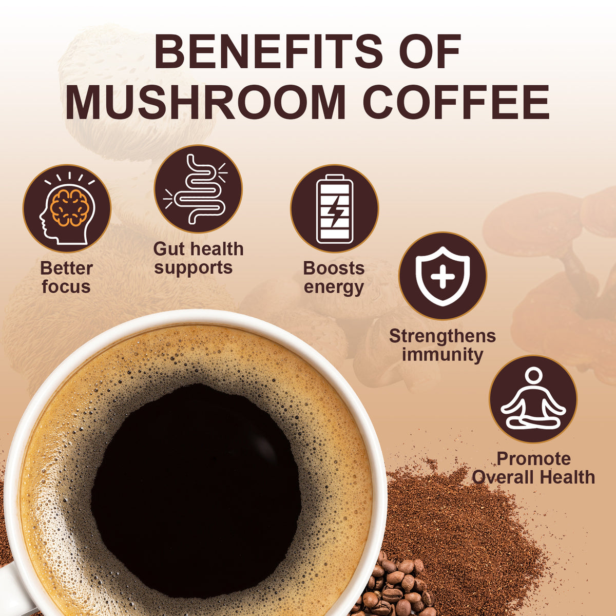 Bcuelov Instant Mushroom Coffee,with 6 Adaptogenic Mushrooms and MCT Oil for Energy, Focus, Immune Support - 30 Servings