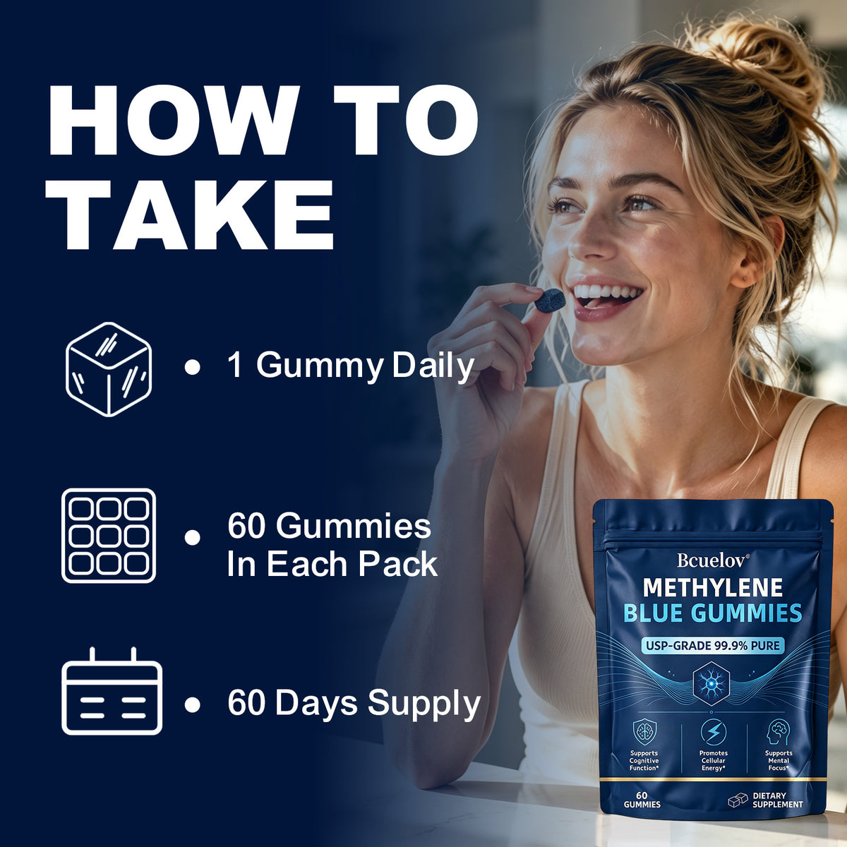 Bcuelov Methylene Blue Gummies,USP Grade, 5mg Per Serving,60 Count