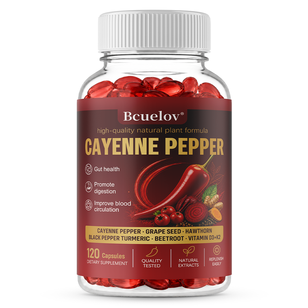 Bcuelov Cayenne Pepper Complex Supplement Capsules, with Grape Seed, Hawthorn, Beetroot, Turmeric & Vitamins D3‑K2‑E, 120 Capsules