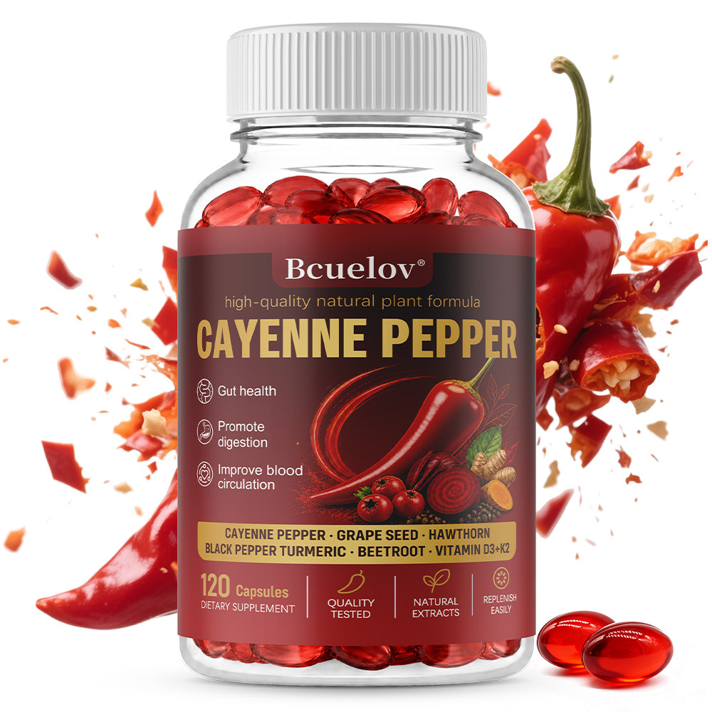 Bcuelov Cayenne Pepper Complex Supplement Capsules, with Grape Seed, Hawthorn, Beetroot, Turmeric & Vitamins D3‑K2‑E, 120 Capsules