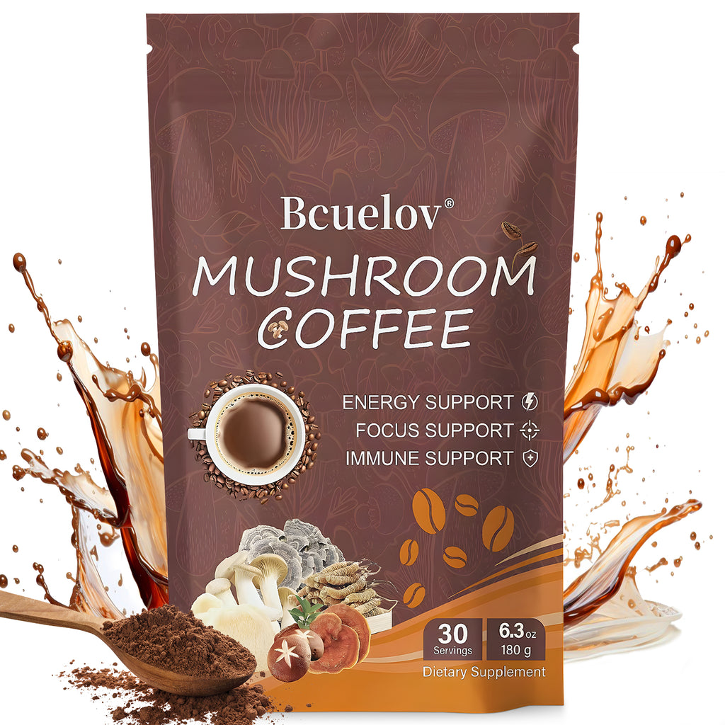 Bcuelov Instant Mushroom Coffee,with 6 Adaptogenic Mushrooms and MCT Oil for Energy, Focus, Immune Support - 30 Servings